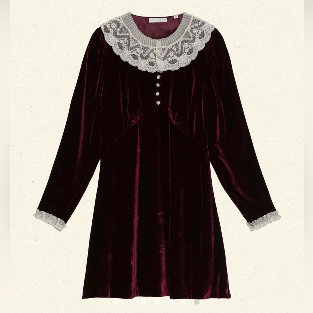 Velvet Lace-Collar Mini Dress in Burgundy - Picture 5 of 6